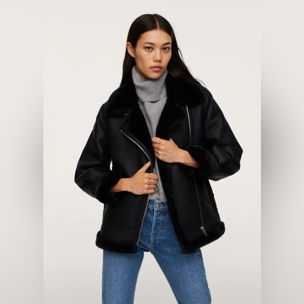 Mango faux fur lining biker jacket, size XS
